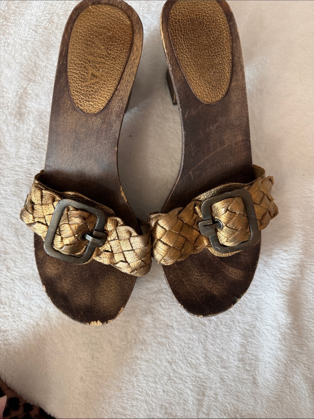 MIA Y2K Gold Braided Leather Wooden Platform Clogs Buckle Slide Heels